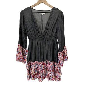 Velzera Floral Print Tiered Ruffle Plunge Tunic Dress Gray Medium Boho Chic